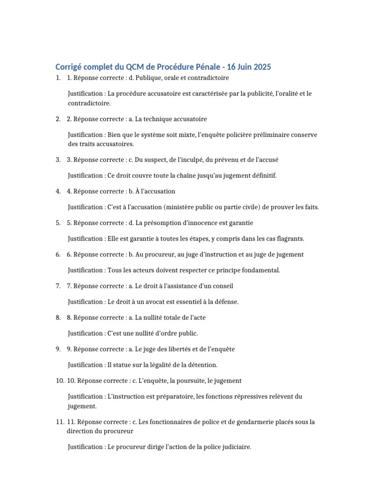 Corrigé QCM Procédure Pénale 2025 | PDF | Justice criminelle | Crime et ...