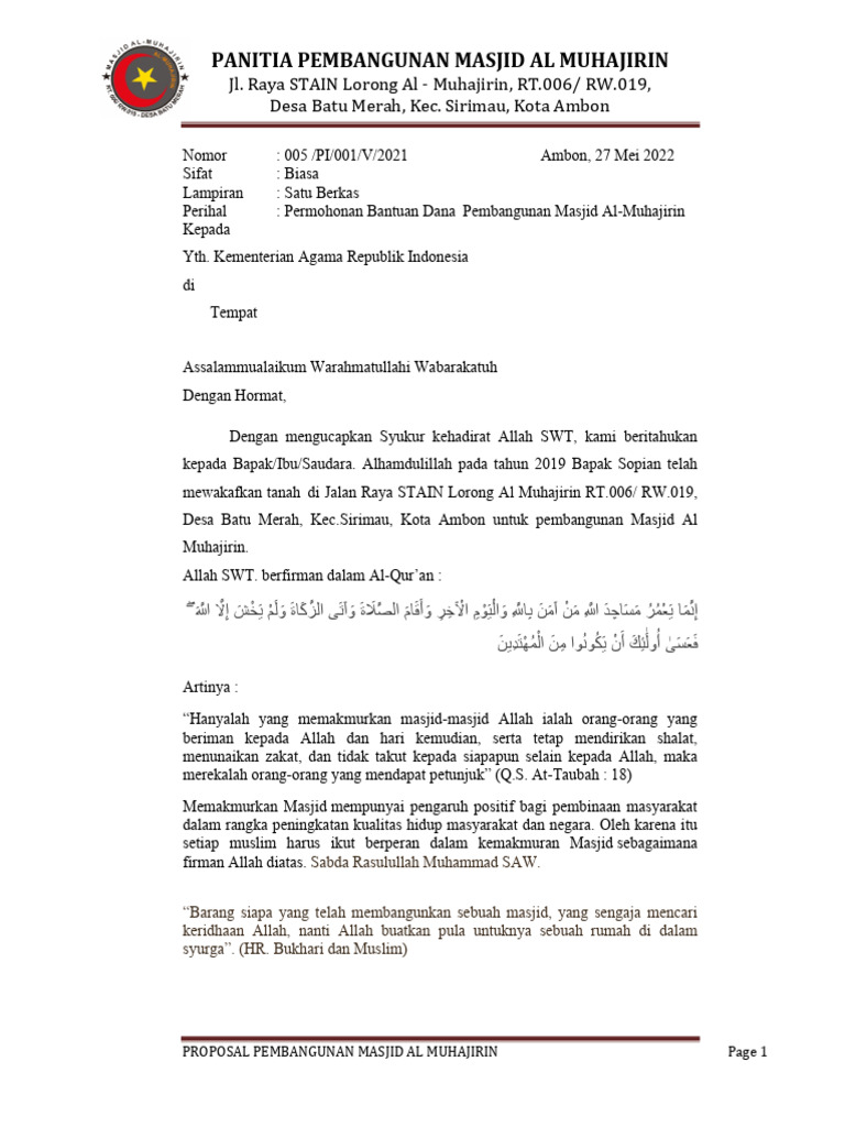 Proposal Pembangunan Masjid Al-Muhajirin | PDF