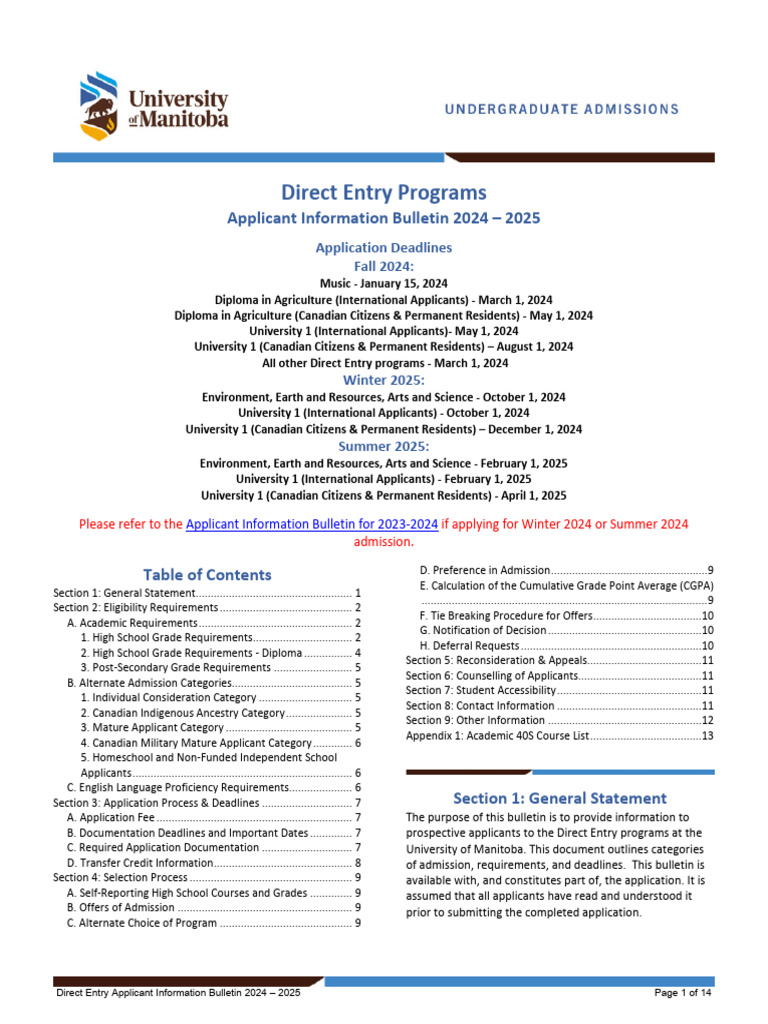 Manitoba Direct Entry Deadlines 2024-2025 | PDF | University And ...