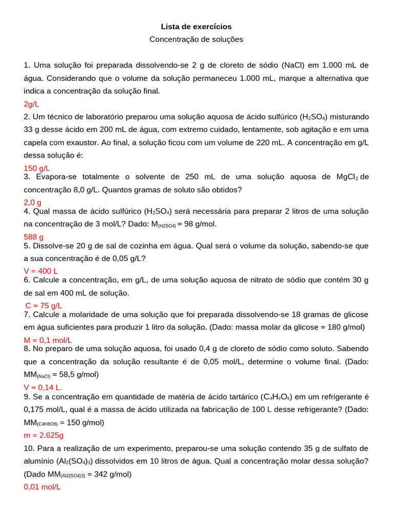 Exercícios sobre Concentração de Soluções | PDF