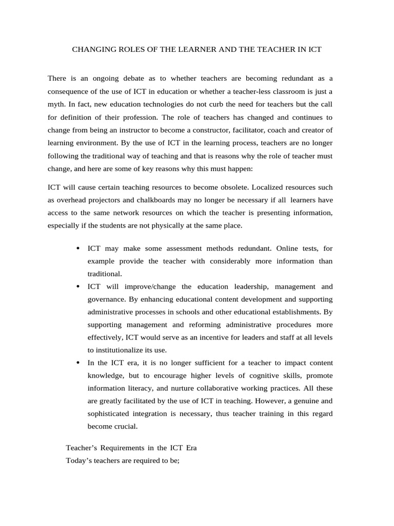 Changing Roles of The Learner and The Teacher in Ict | PDF ...