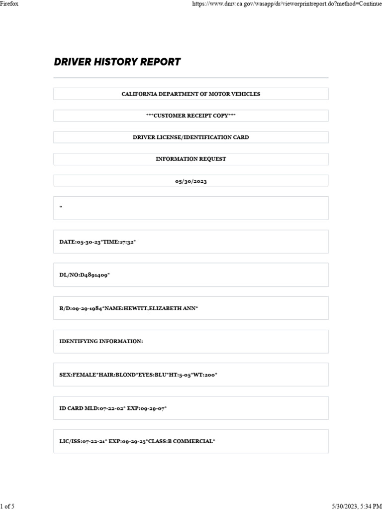California Driver History Example | PDF | Driving | Road Transport