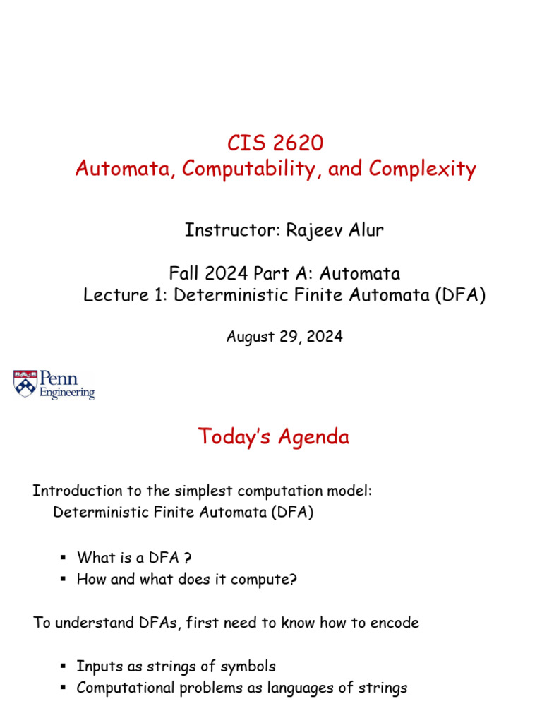 CIS 2620: Intro to DFAs and Languages | PDF | Automata Theory | String ...