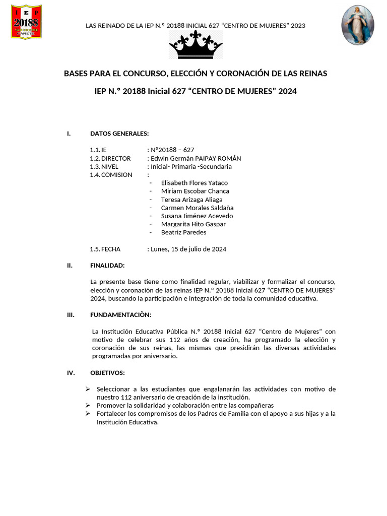 Concurso Reinado IEP 20188 2024 | PDF