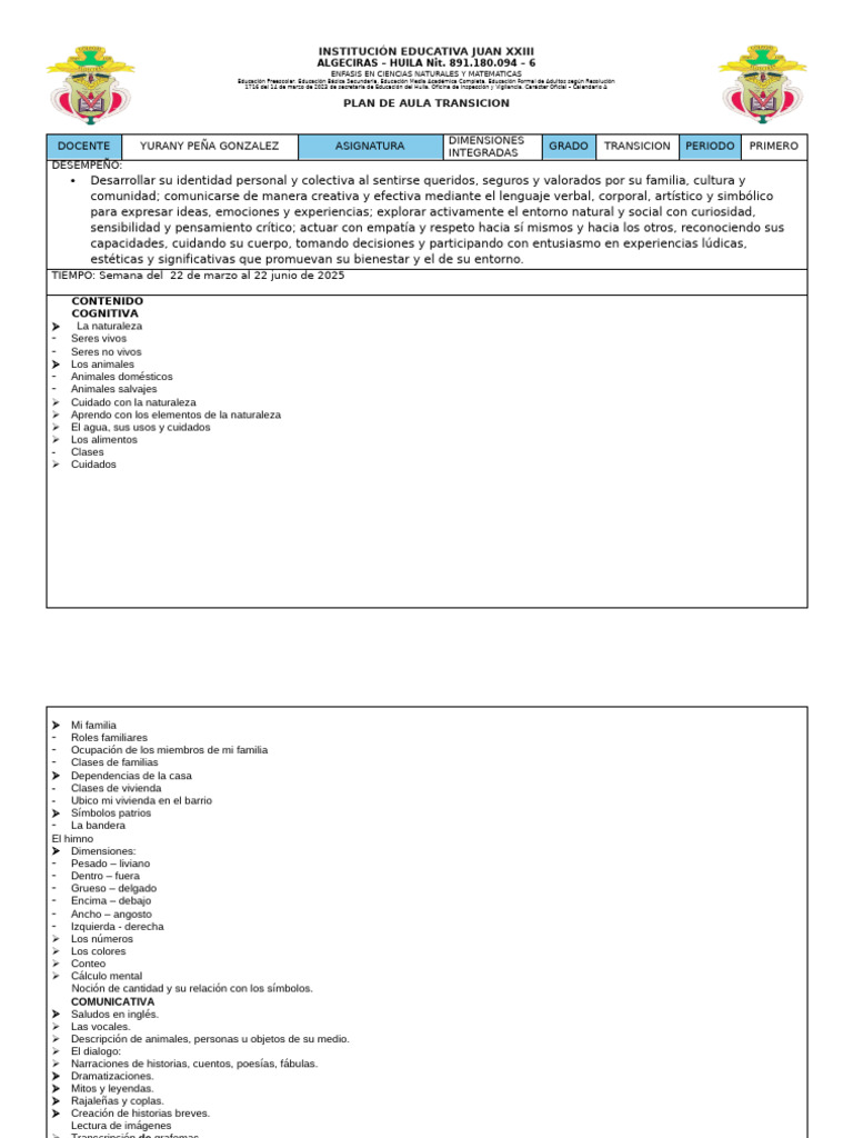 Plan de Aula para Transición Educativa | PDF | Aprendizaje | Evaluación
