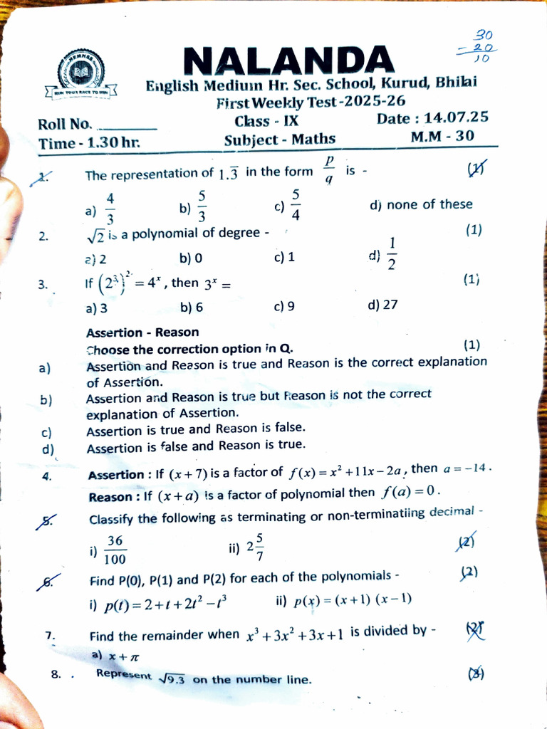 Nalanda Unit Test Maths | PDF | Factorization | Algorithms