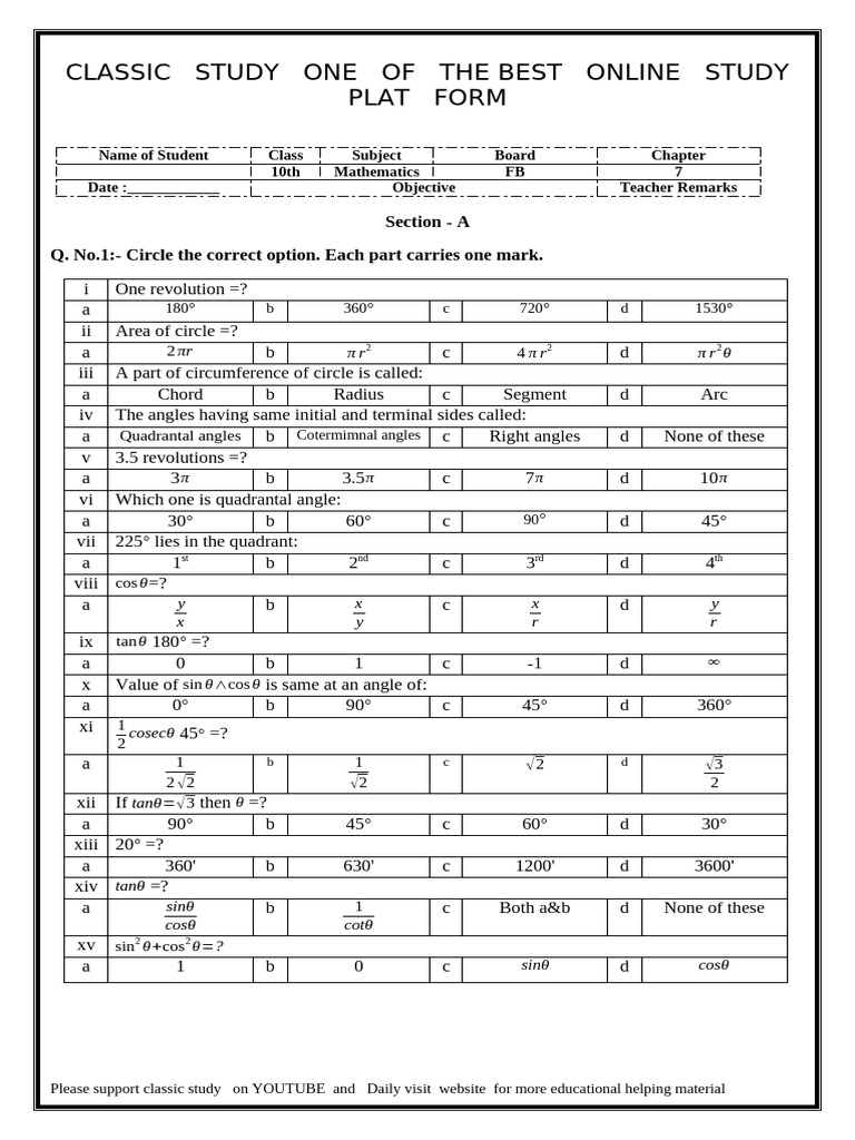 10th Class Math Test Chapter 7 | PDF | Angle | Trigonometric Functions