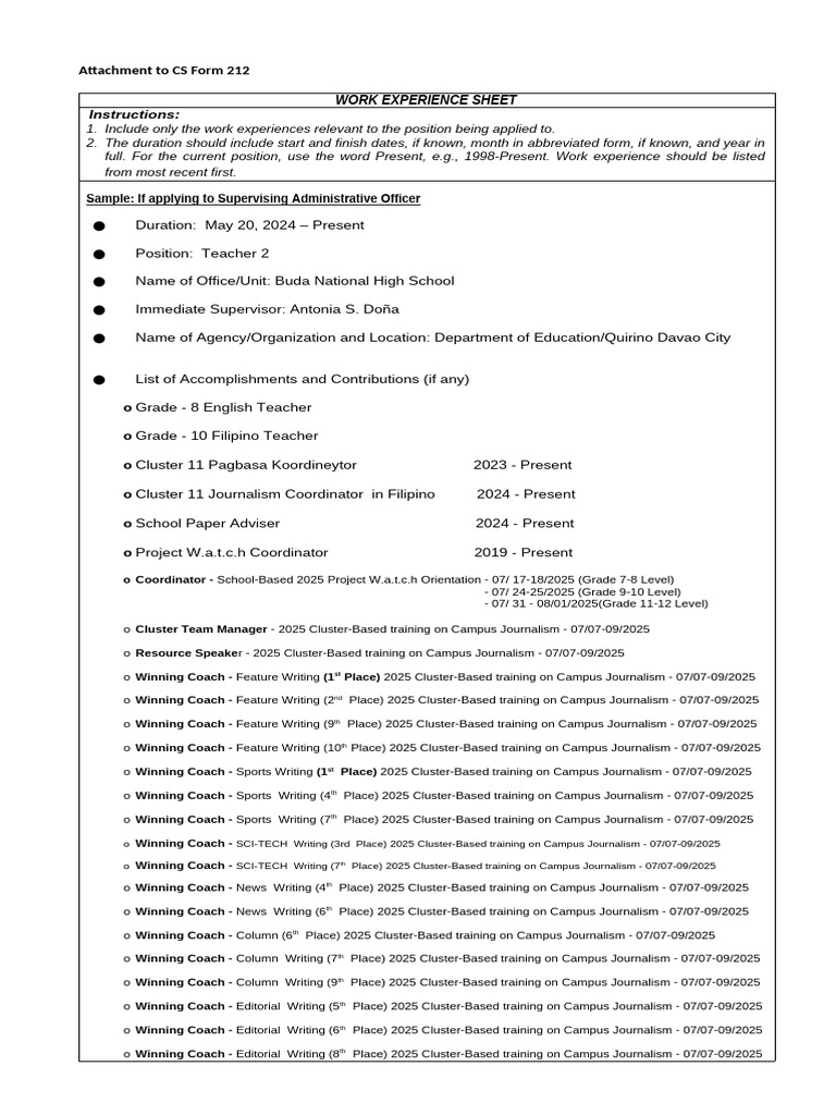 Work Experience Sheet for Educators | PDF | Learning | Teachers