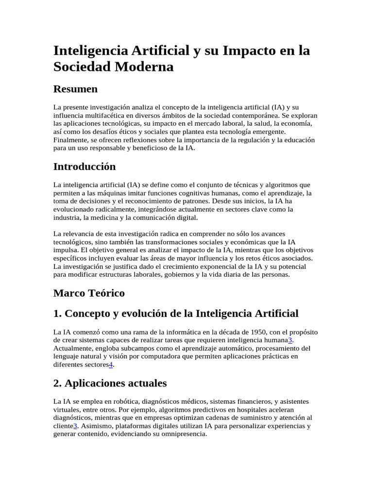 Inteligencia Artificial y Su Impacto en La Sociedad Moderna | PDF ...