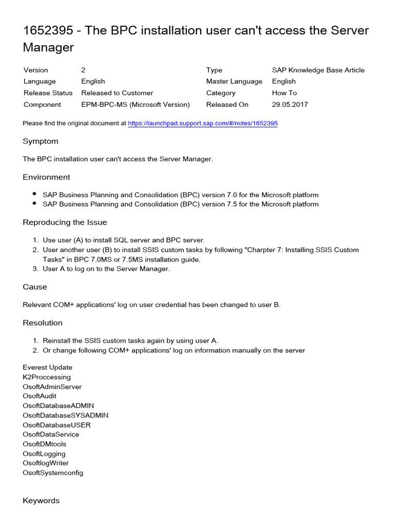 BPC Installation User Access Issues | PDF