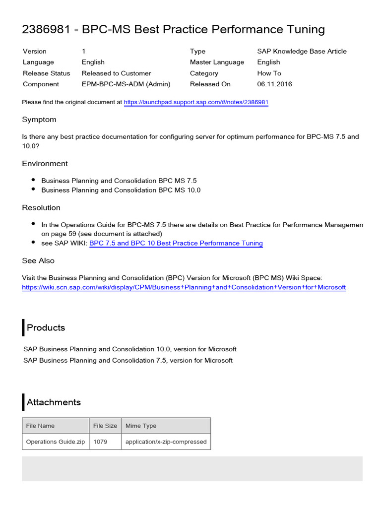Note 2386981 - BPC-MS Best Practice Performance Tuning | PDF