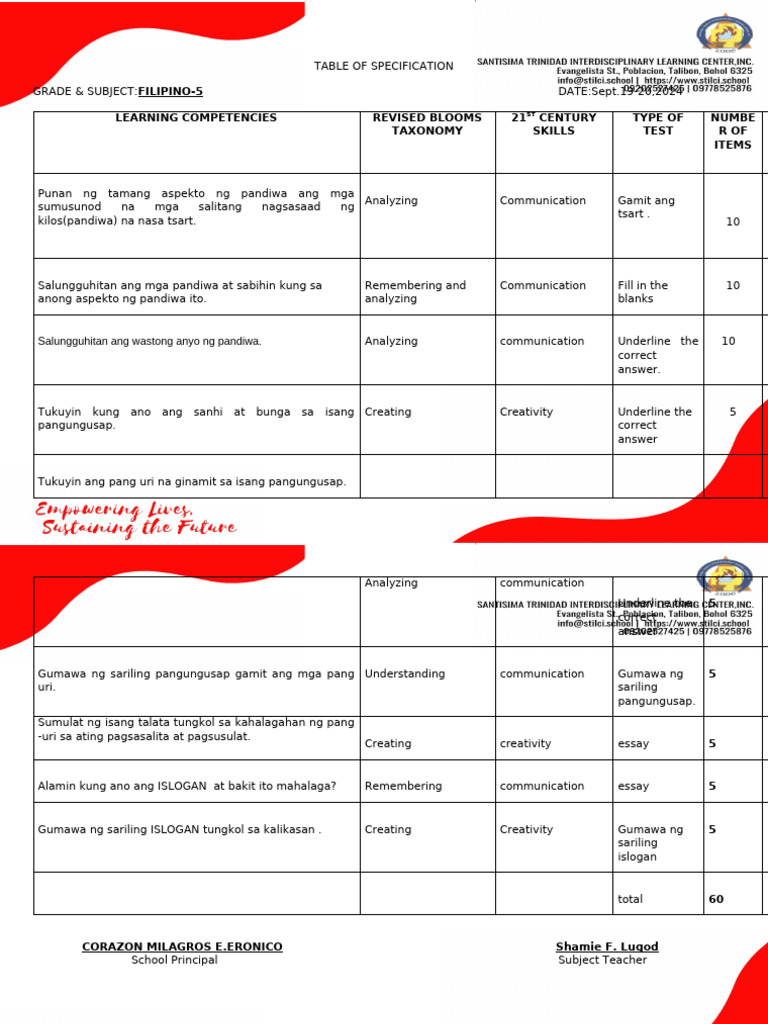 Tos in Fil.5 Second Grading | PDF