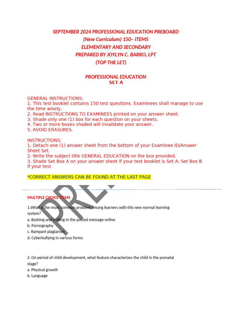 September 2024 Preboard Exam: Professional Education | PDF | Learning ...