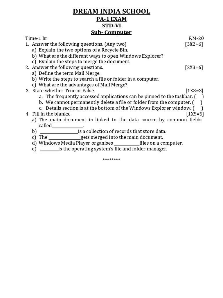 Computer Exam Questions for Std-VI | PDF