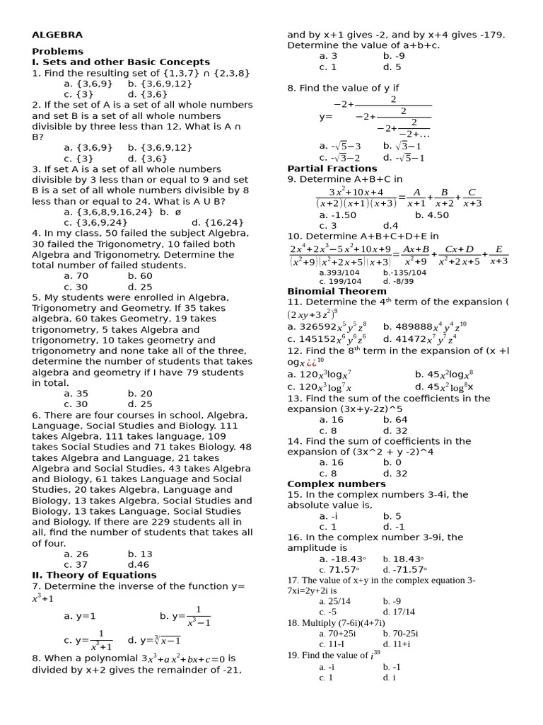 Algebra Problem Set and Solutions | PDF | Pound (Mass) | Complex Number