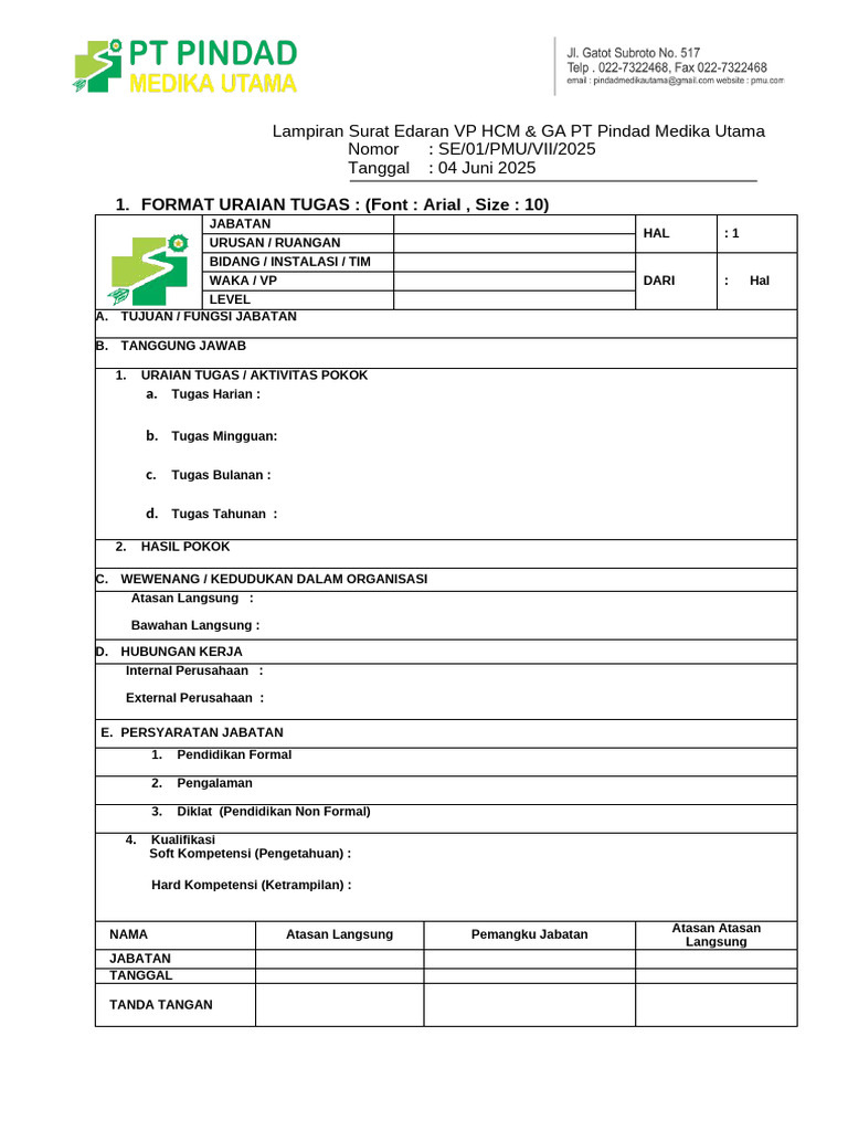 Format Jobdesk Jabatan PT Pindad Medika | PDF