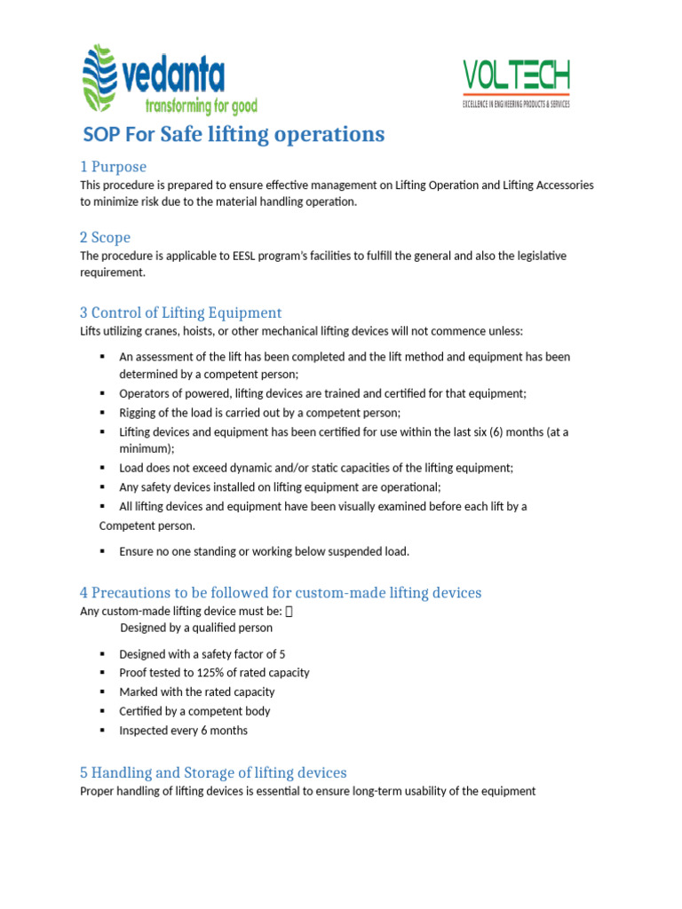 SOP for Safe Lifting Operations | PDF | Elevator | Crane (Machine)