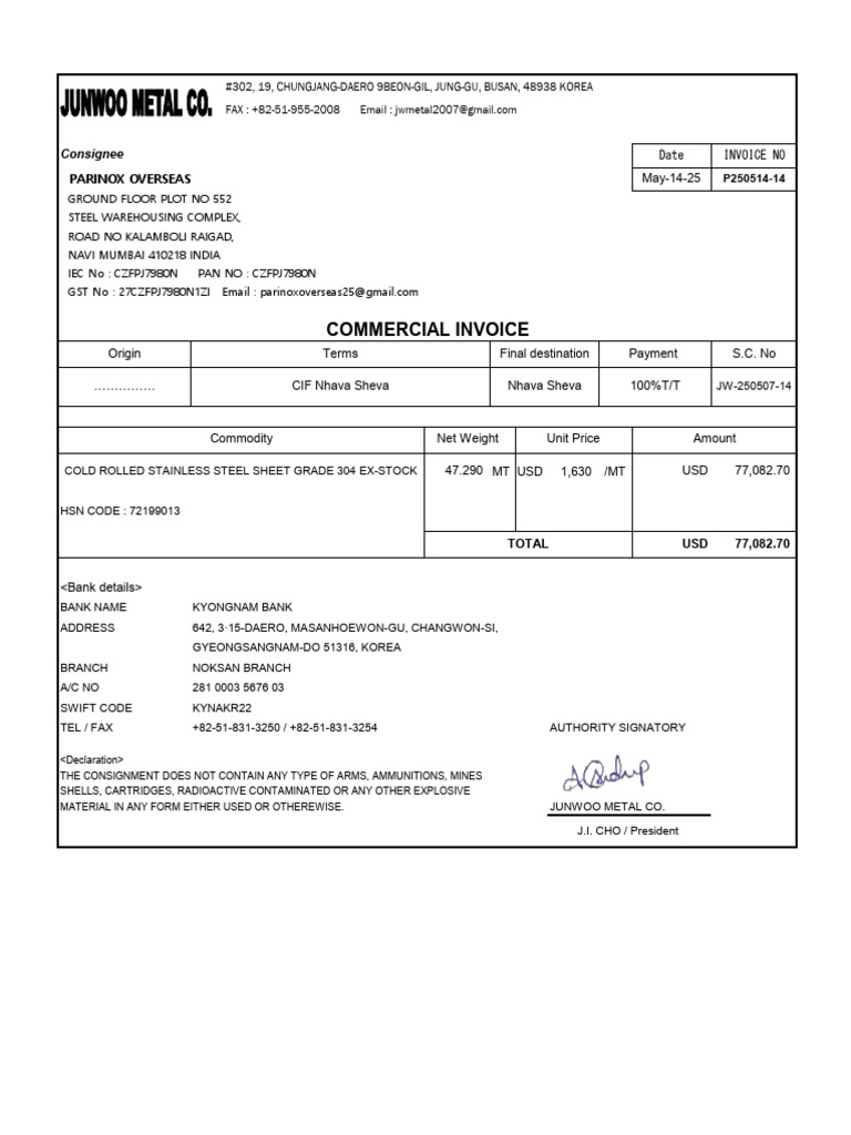 Cold Rolled Stainless Steel Invoice | PDF
