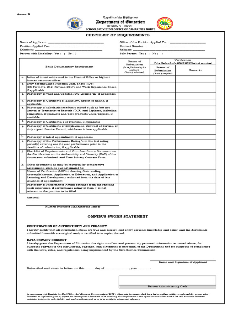 Annex B Requirements Checklist | PDF