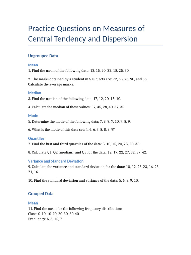 Practice Questions Mean Median Mode Quantiles Variance SD | PDF
