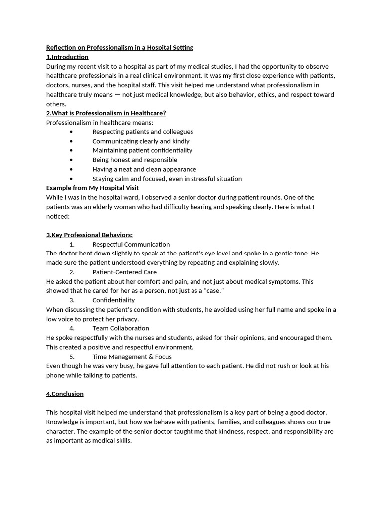 Reflection On Professionalism in A Hospital Setting | PDF