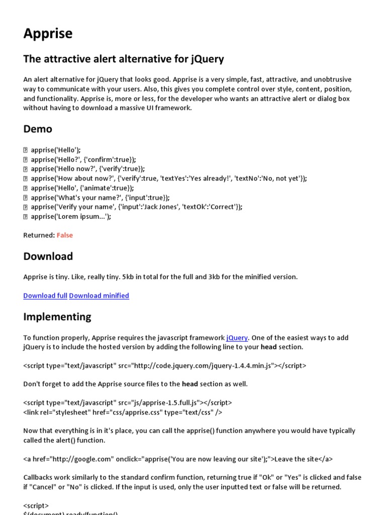 Apprise J Query Java Script