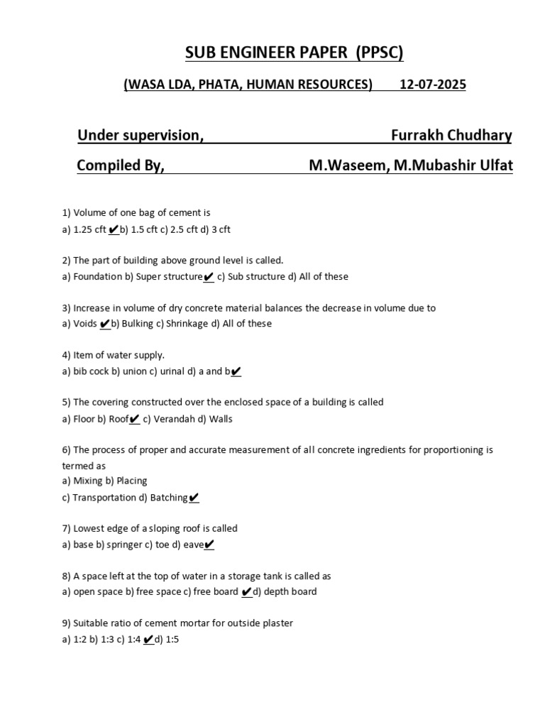 PPSC Sub Engineer Civil Exam Guide | PDF | Stress (Mechanics) | Pipe ...
