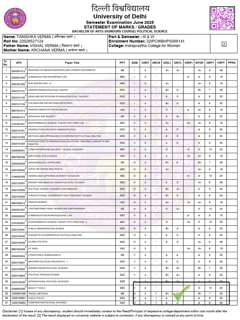 University of Delhi: Semester Examination June 2025 Statement of Marks ...