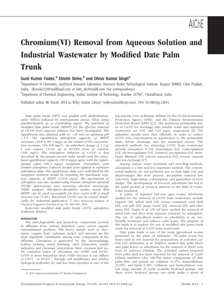 2015 Chromium (VI) Removal From Aqueous Solution and | PDF | Adsorption ...