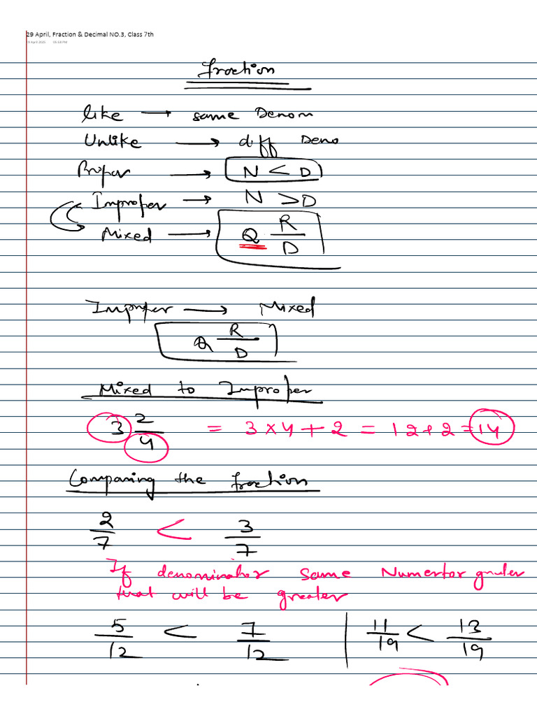 29 April, Fraction & Decimal NO.3, Class 7th | PDF