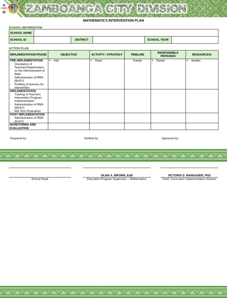 Mathematics RMA Intervention Plan | PDF