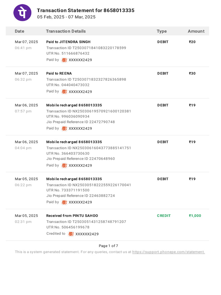 PhonePe Transaction Statement Summary | PDF | Debit Card | Debits And ...