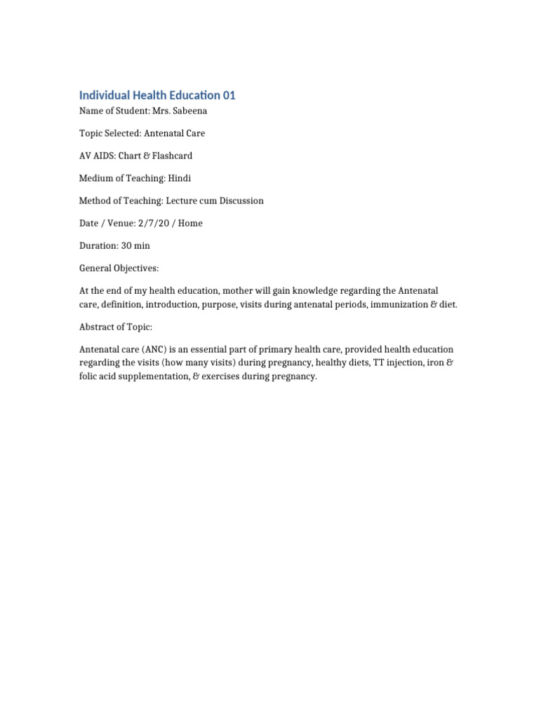 Individual Health Education ANC Complete | PDF