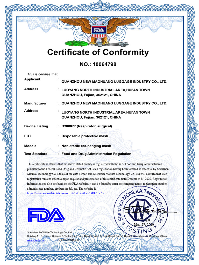 Certificate of Conformity for Masks | PDF