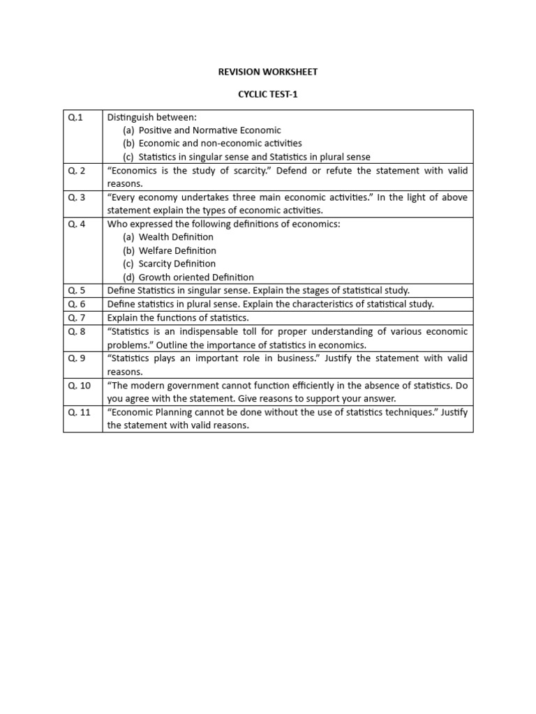 Economics and Statistics Revision Worksheet | PDF