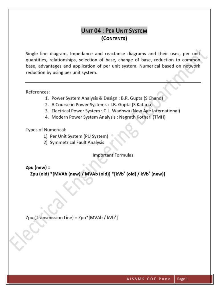 Per Unit System Analysis in Power Systems | PDF | Transformer ...