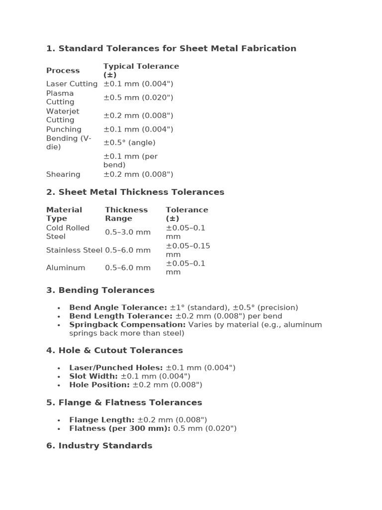 Standard Tolerances for Sheet Metal | PDF