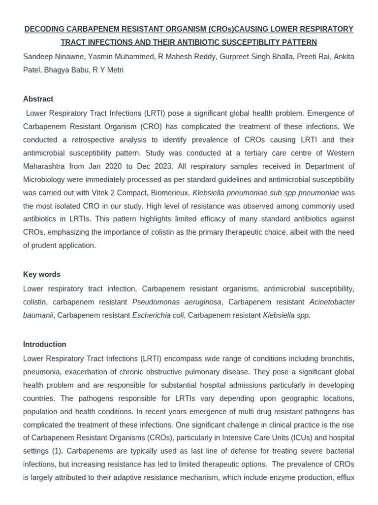 Carbapenem Resistant Organisms in LRTIs | PDF | Antimicrobial ...