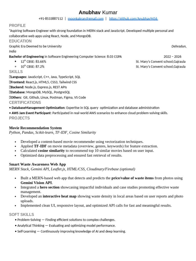 Aspiring Software Engineer Resume | PDF | Web Application | Java Script