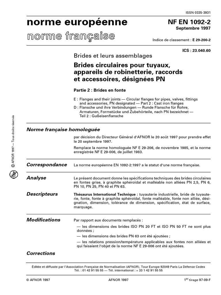 Norme NF EN 1092-2 : Brides en fonte | PDF | État de surface | Soudage