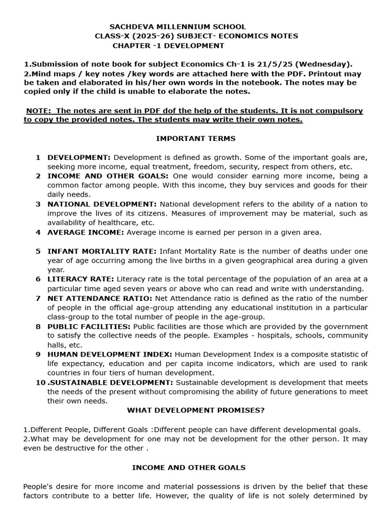 Class X Economics Development Notes | PDF | Income | Human Development ...