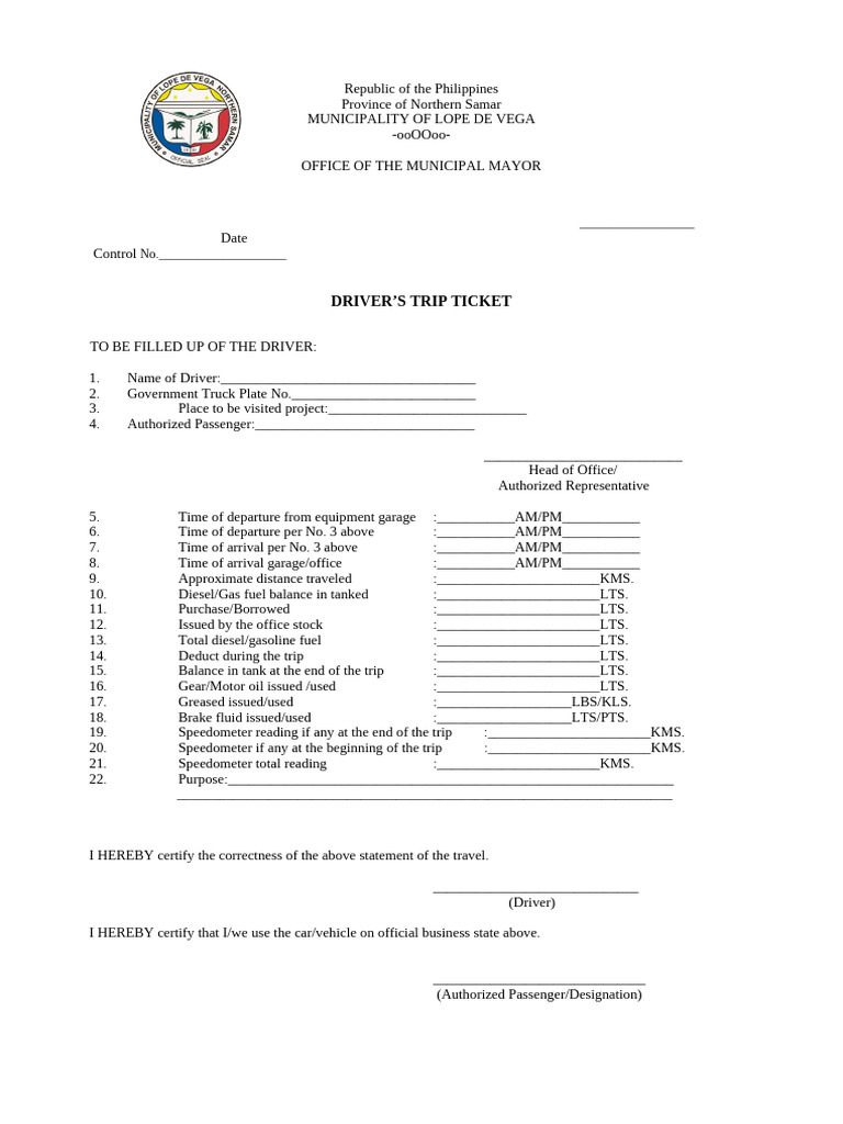 Government Driver's Trip Ticket Form | PDF | Diesel Engine | Vehicles