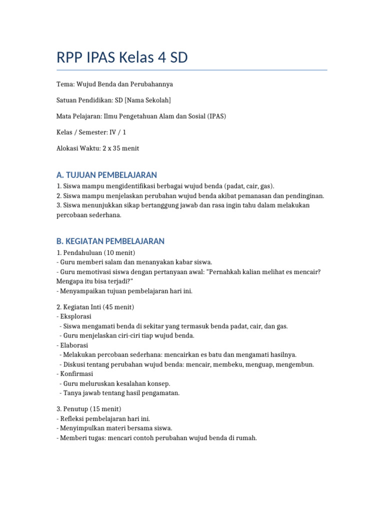 RPP IPAS Kelas 4 SD Wujud Benda | PDF