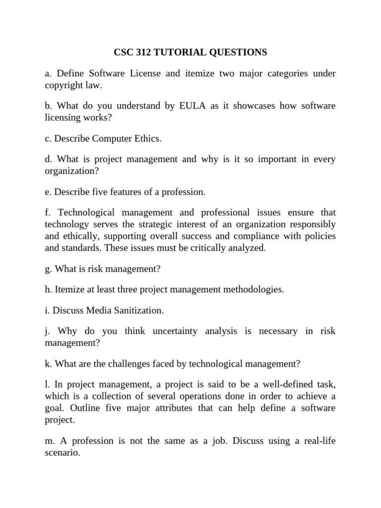 CSC 312 Software Management Questions | PDF | Project Management | Risk