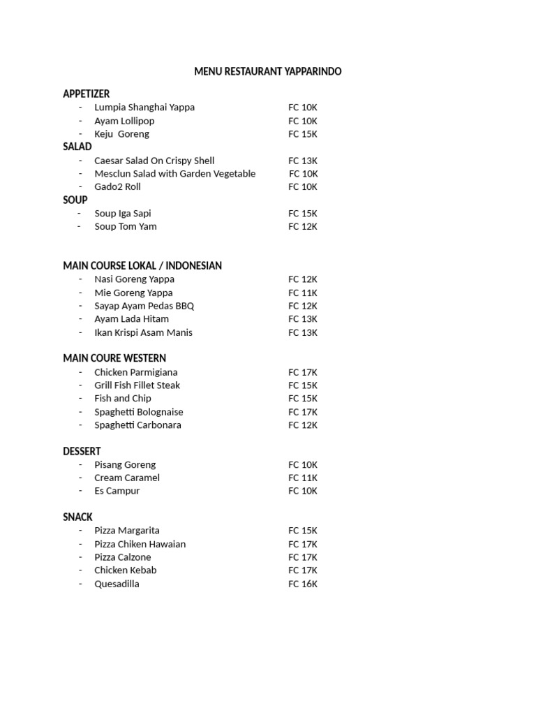 Yapparindo Restaurant Menu Overview | PDF