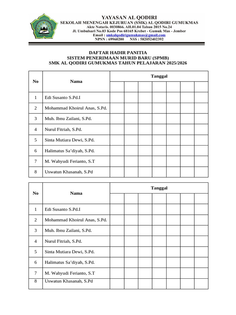 Daftar Hadir Panitia SPMB 2025/2026 | PDF