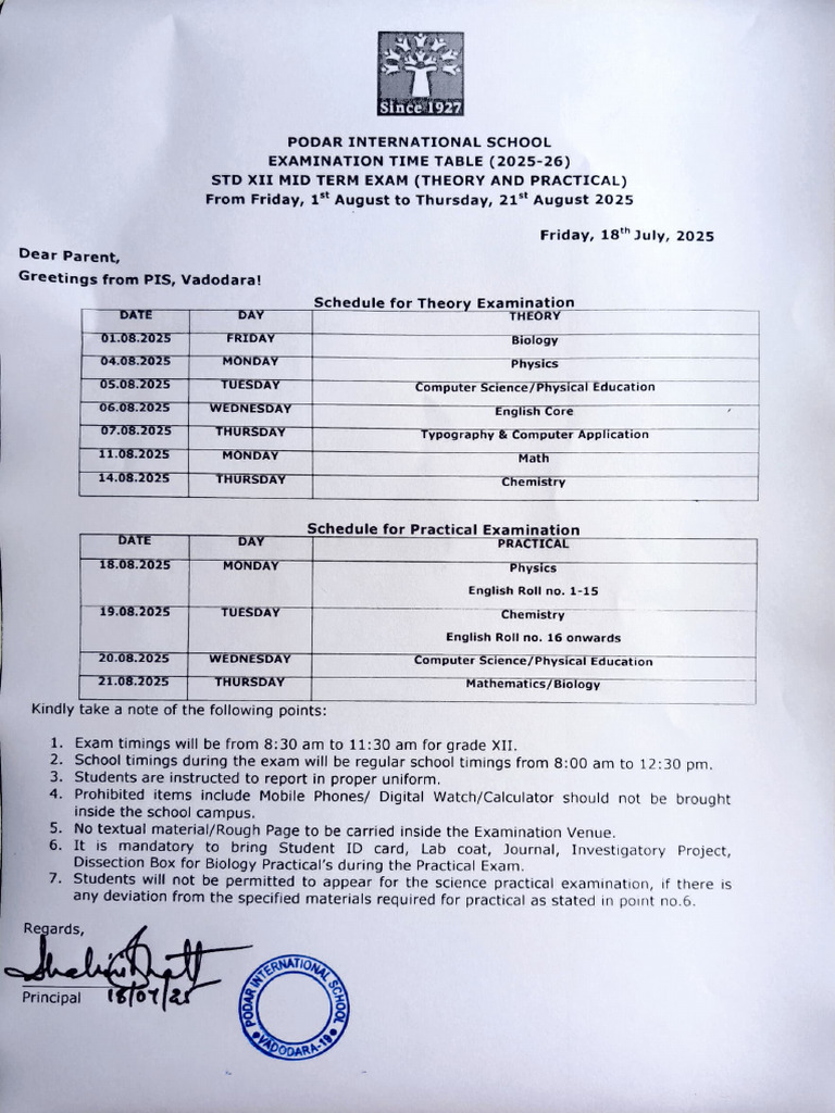 Class 12 Mid Term Exam Schedule 2025 | PDF