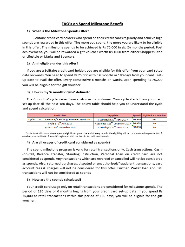 HDFC Solitaire Credit Card Milestone FAQ | PDF | Credit Card | Gift Card