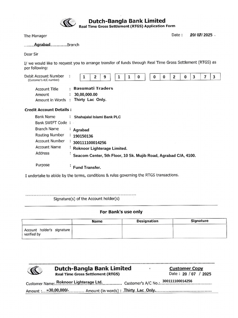 Rtgs Form DBBL | PDF