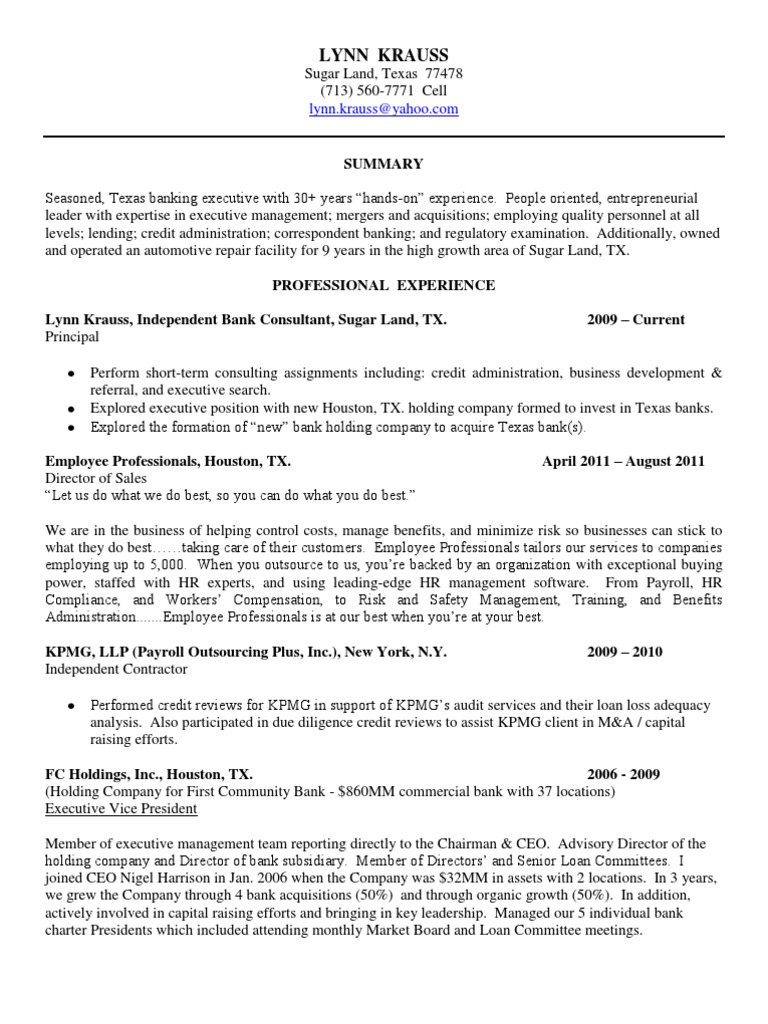 Bank President In Houston Austin Tx Resume Lynn Krauss Banks Loans